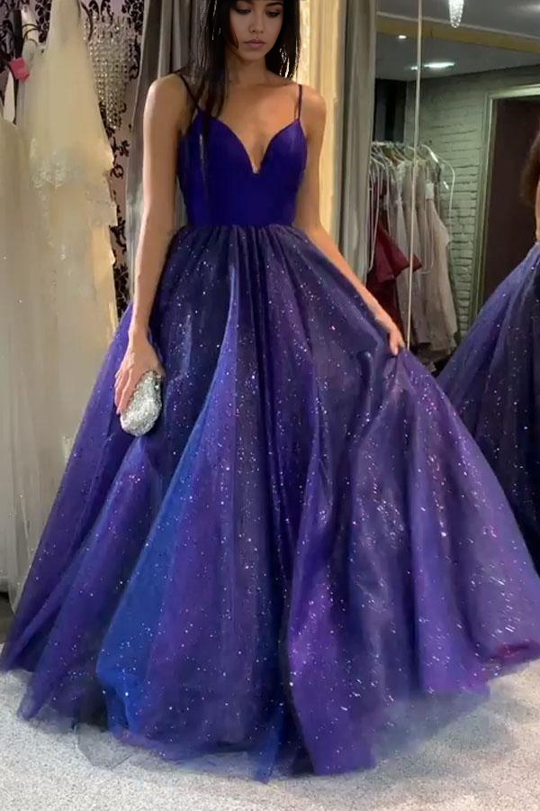 A-line V Neck Royal Blue Cross Back Evening Dress Prom Dress
